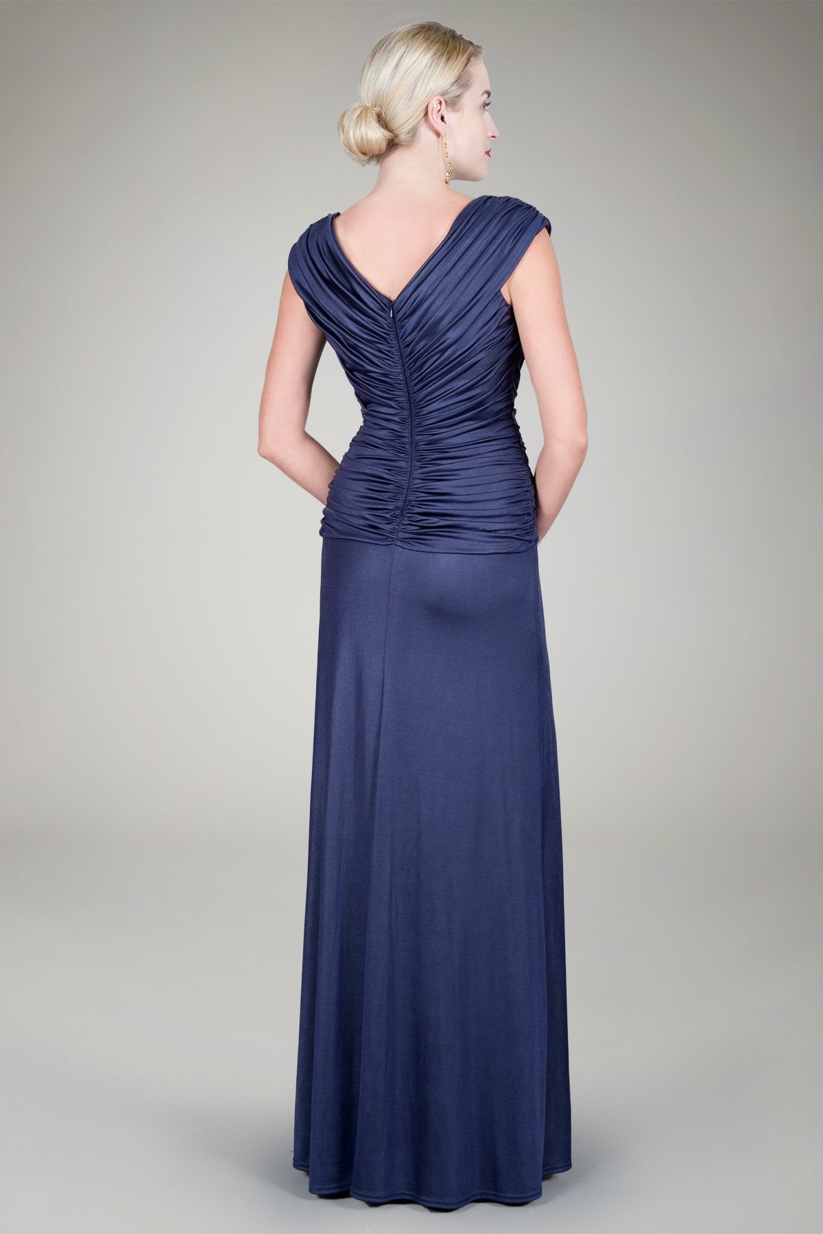 Beaded Metallic Jersey Gown in Navy