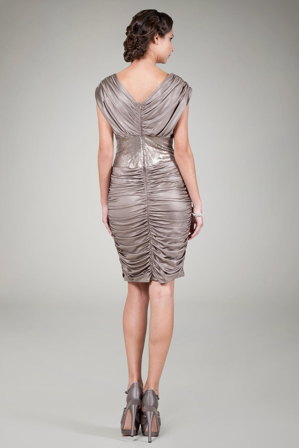 Metallic Jersey Ruched Cocktail Dress in Mineral