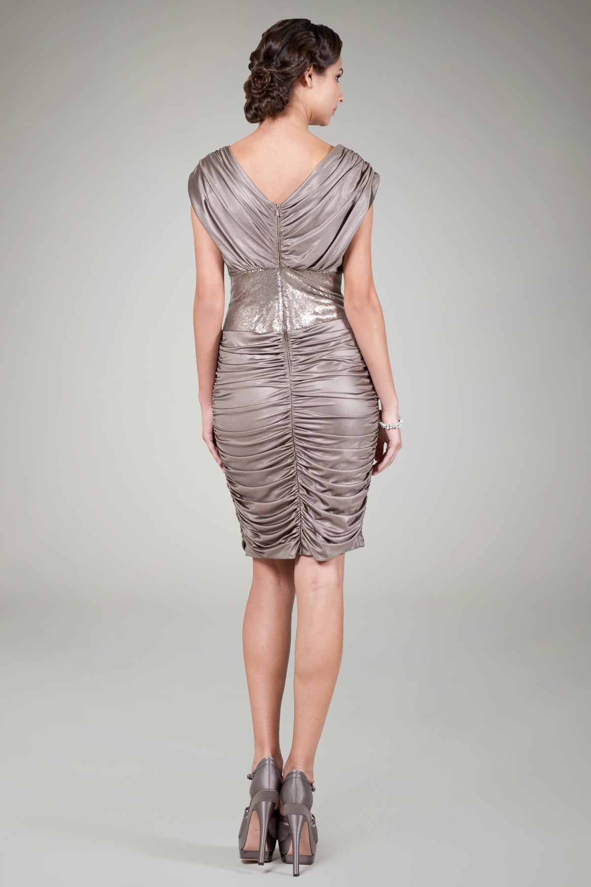 Metallic Jersey Ruched Cocktail Dress in Mineral