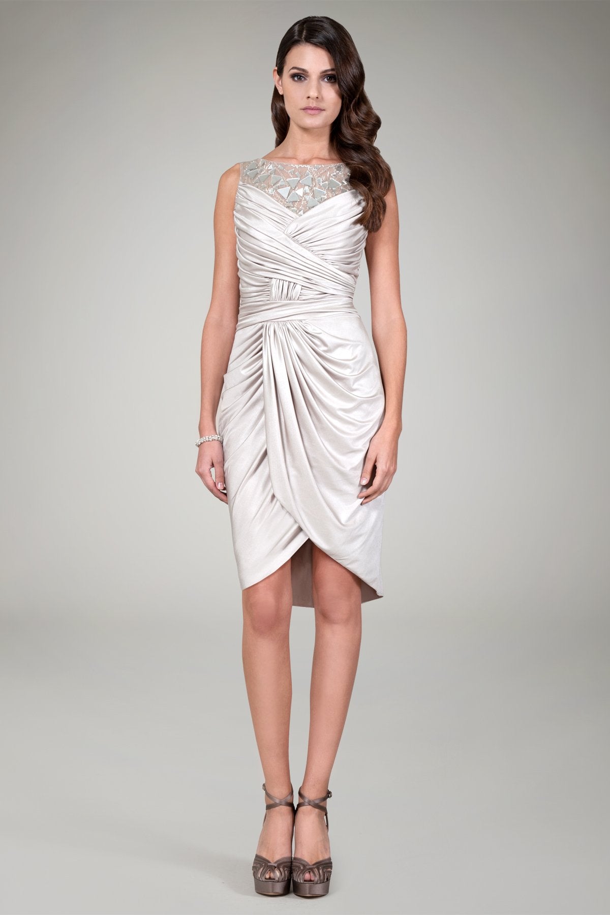 Metallic Jersey Draped Cocktail Dress in Natural