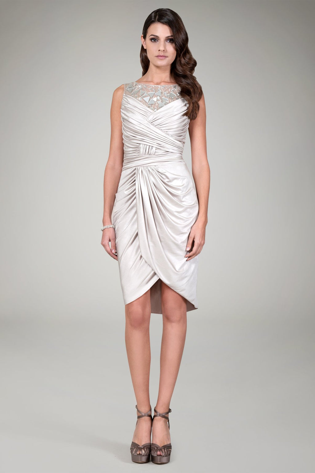 Metallic Jersey Draped Cocktail Dress in Natural