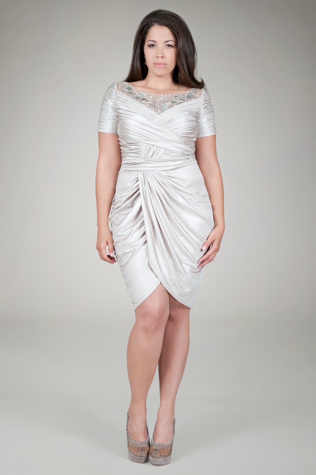 Metallic Jersey Draped Cocktail Dress in Natural