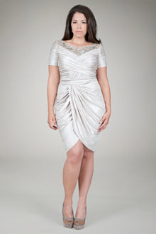 Metallic Jersey Draped Cocktail Dress in Natural
