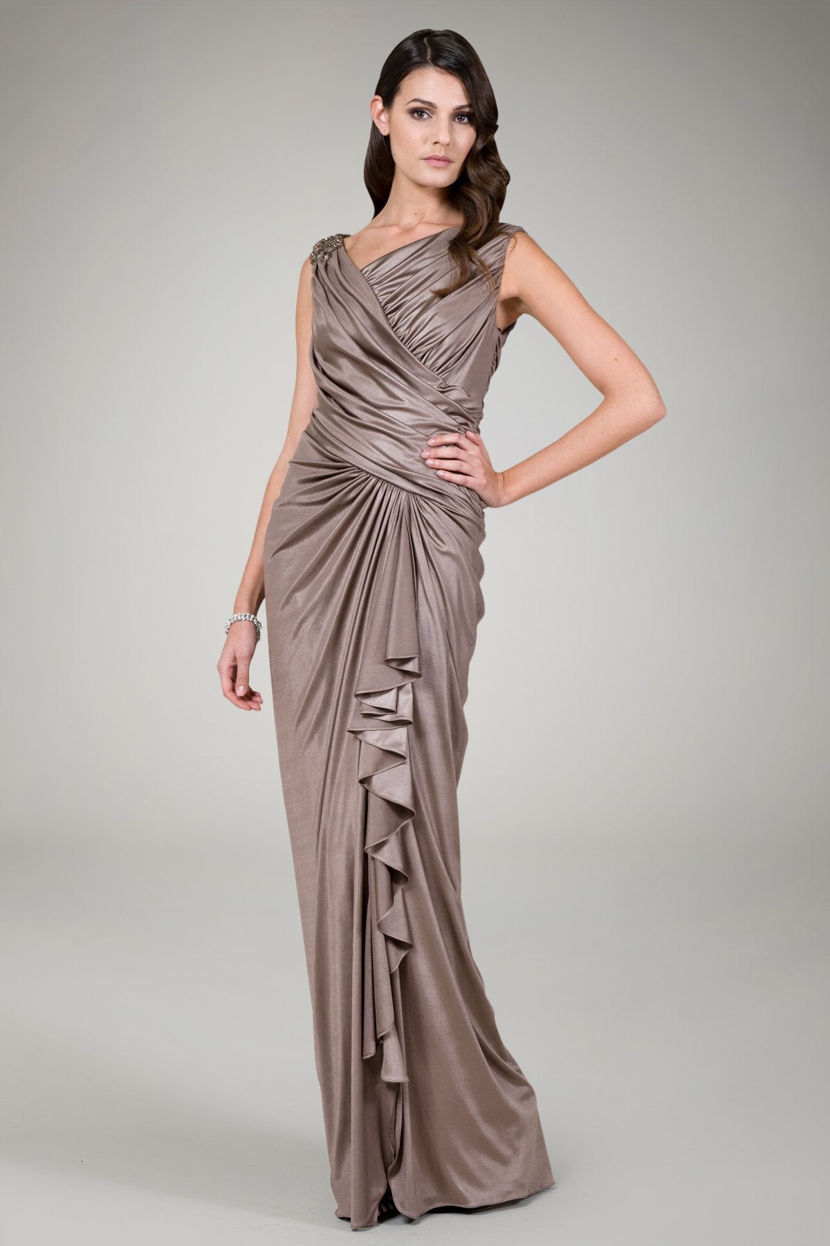 Metallic Jersey Draped Gown in Mineral