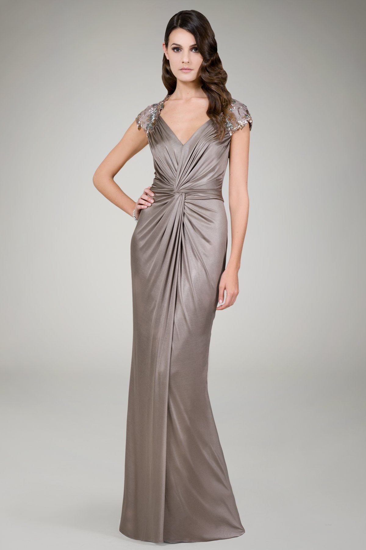 Metallic Jersey Draped Gown in Mineral