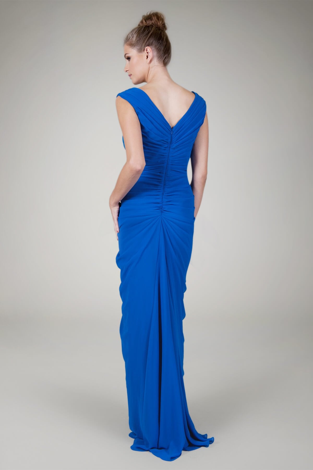 Chiffon Draped V-Neck Gown in Blueberry