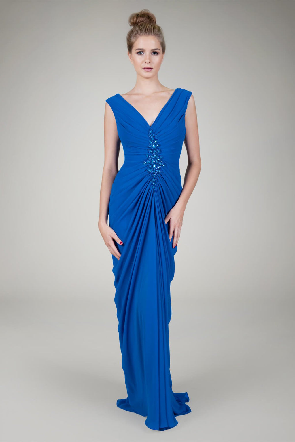 Chiffon Draped V-Neck Gown in Blueberry