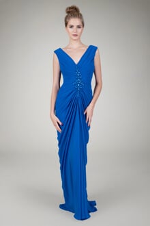 Chiffon Draped V-Neck Gown in Blueberry