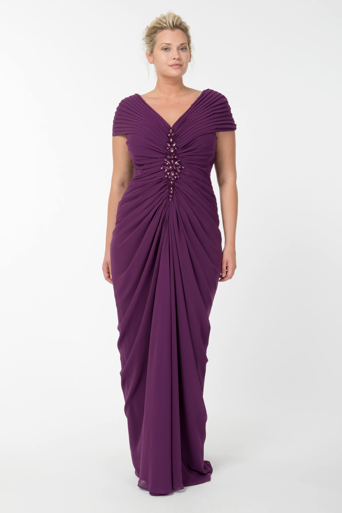 Chiffon Draped V-Neck Gown in Barberry