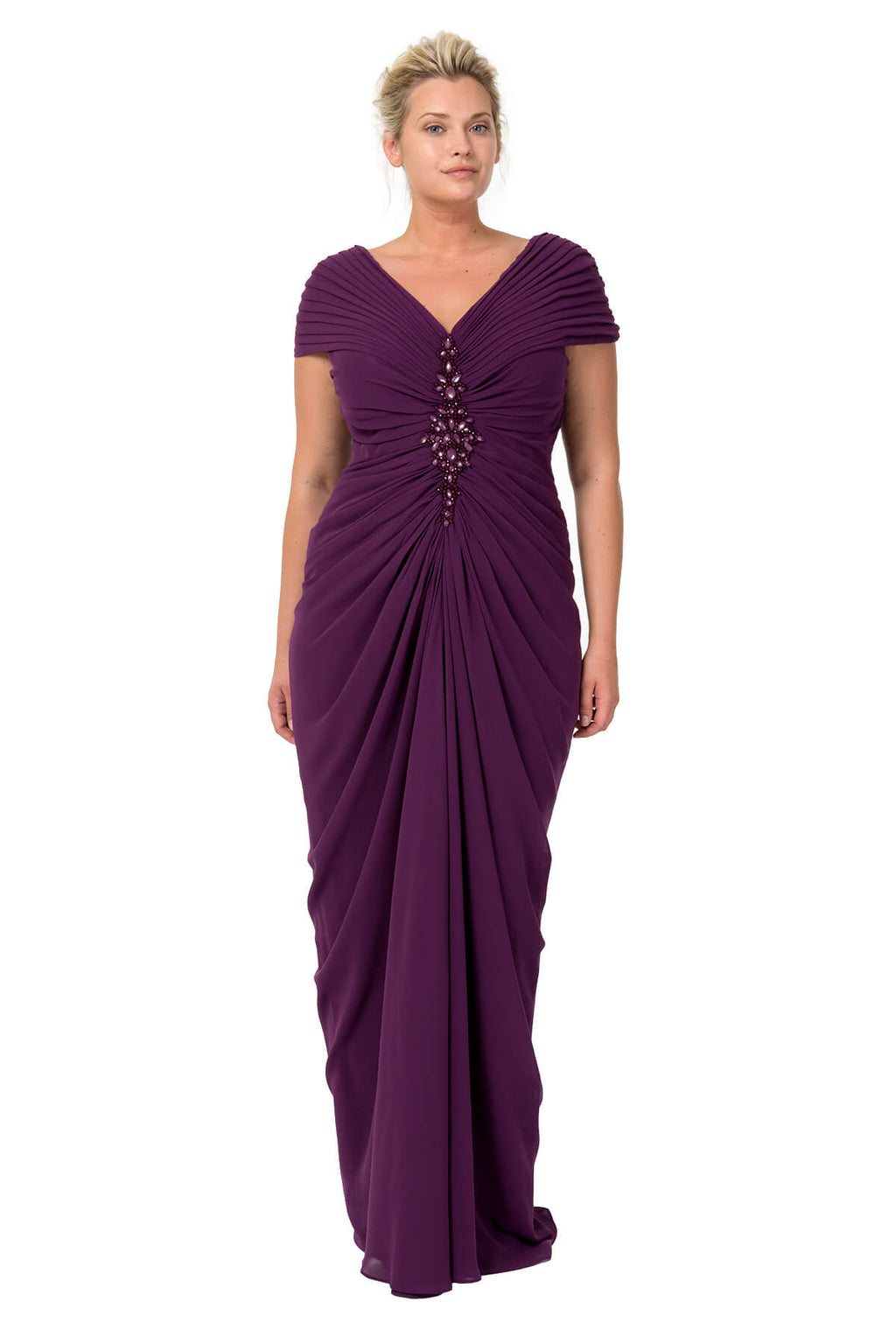 Chiffon Draped V-Neck Gown in Barberry