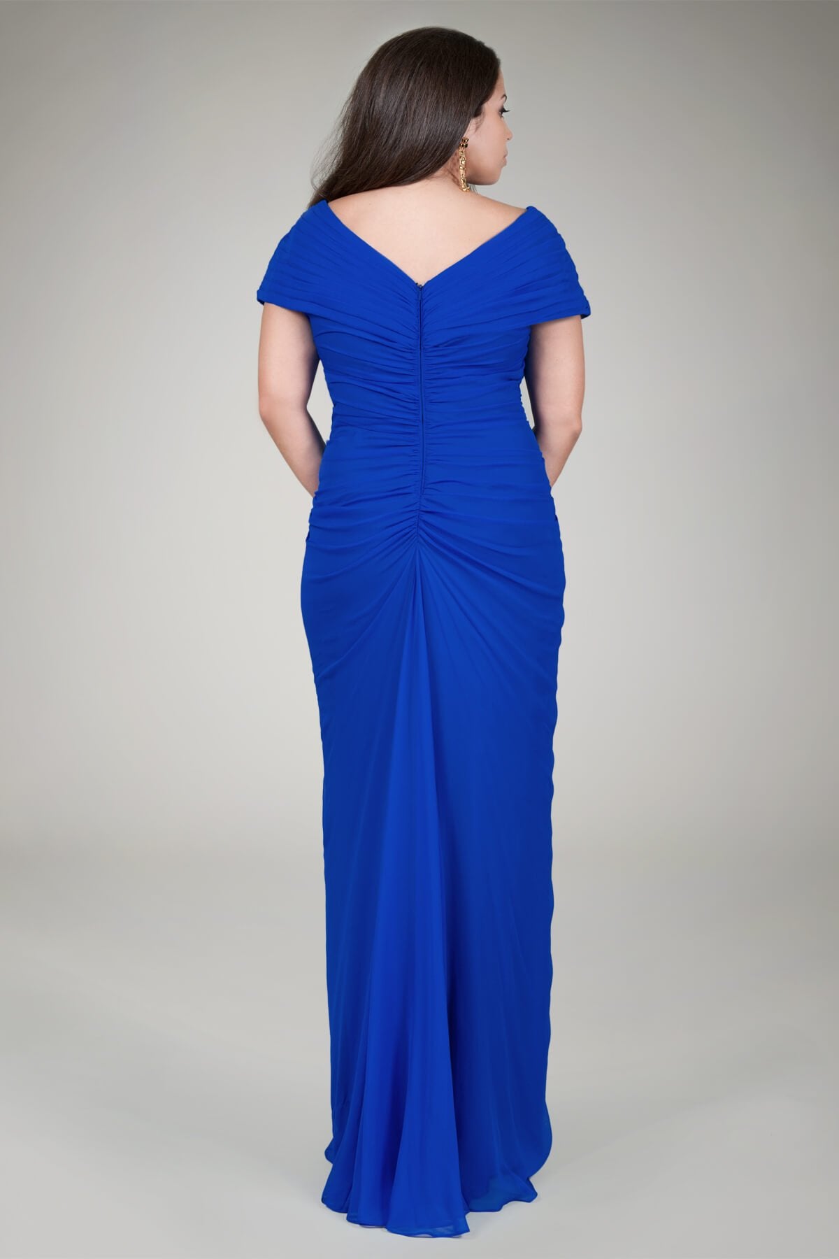 Chiffon Draped V-Neck Gown in Blueberry