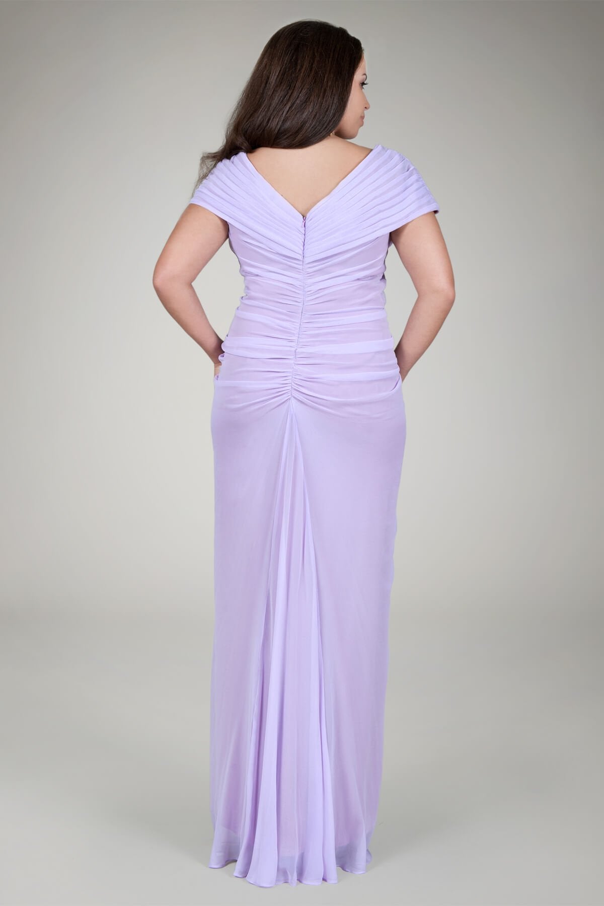 Chiffon Draped V-Neck Gown in Lavender