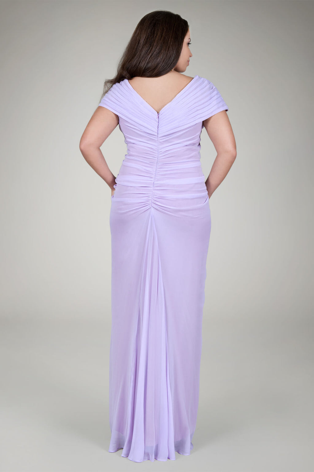 Chiffon Draped V-Neck Gown in Lavender