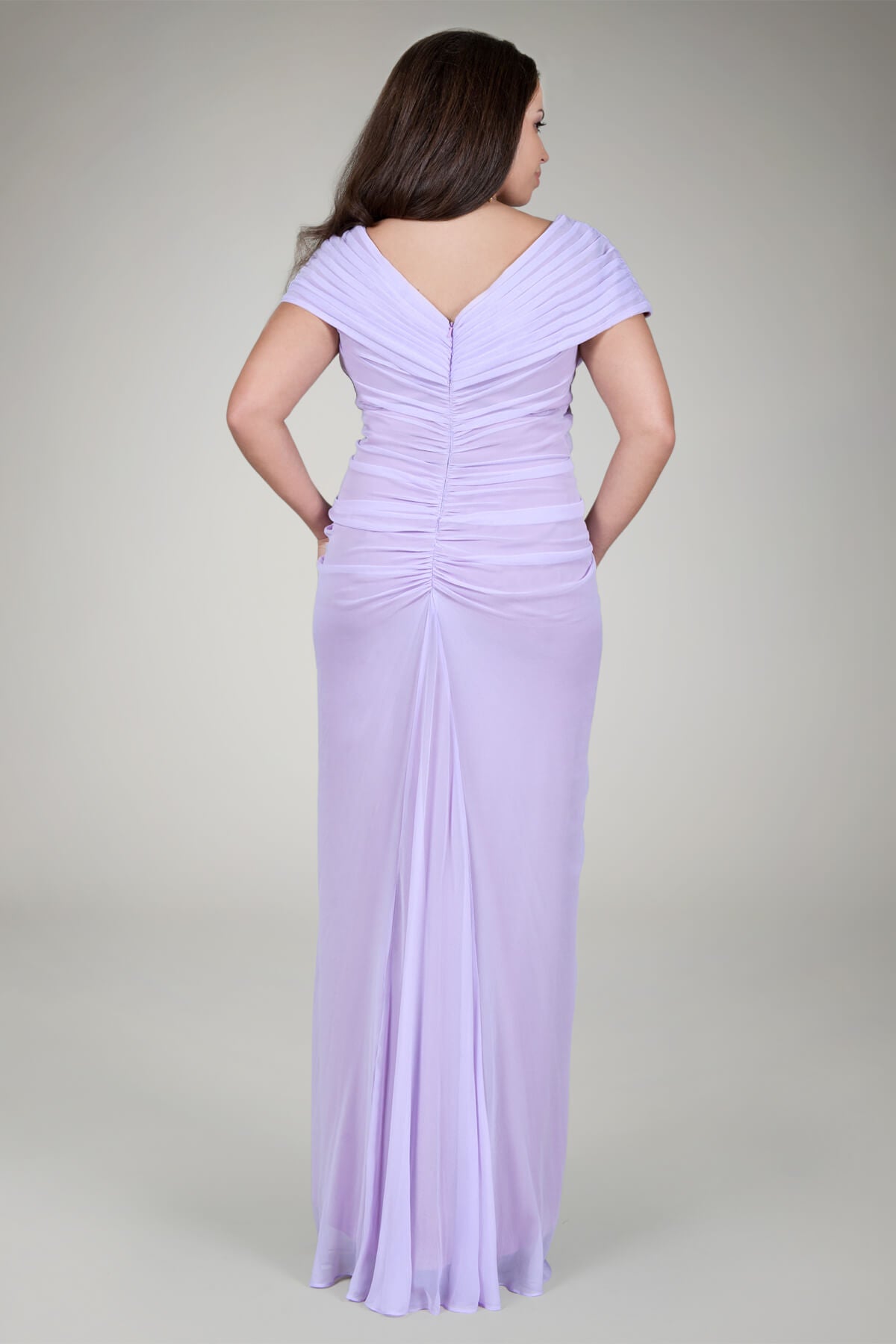 Chiffon Draped V-Neck Gown in Lavender