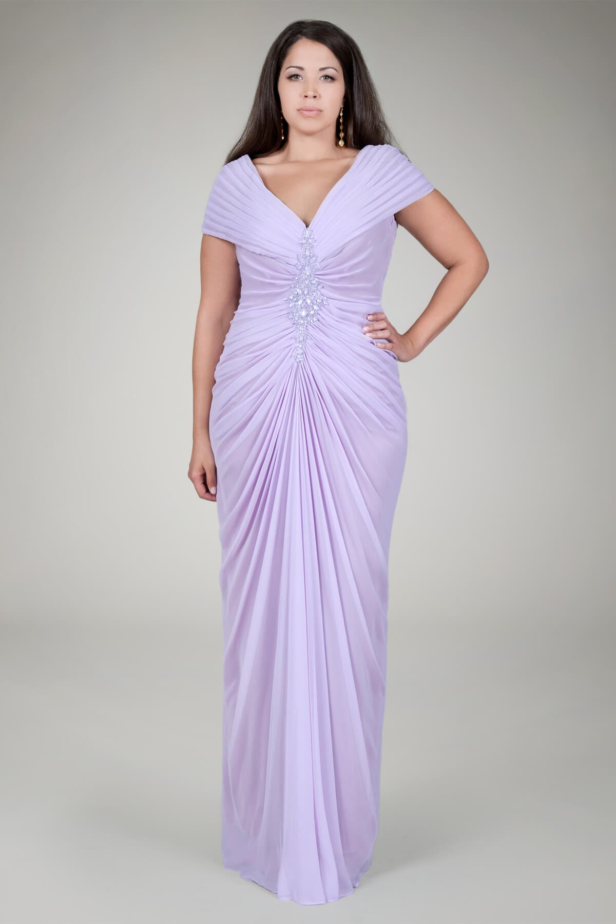 Chiffon Draped V-Neck Gown in Lavender