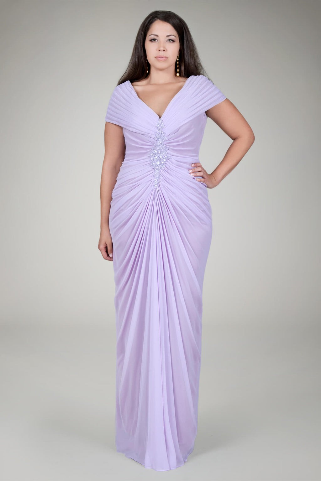 Chiffon Draped V-Neck Gown in Lavender