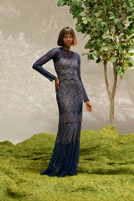 MIDNIGHT/NUDE LACE LONG SLEEVE GOWN WITH ILLUSION DETAILS 