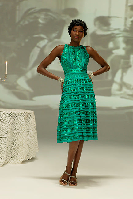 JASMINE GREEN PAILLETTE AND FRINGE EMBROIDERED TULLE SLEEVELESS A-LINE DRESS 