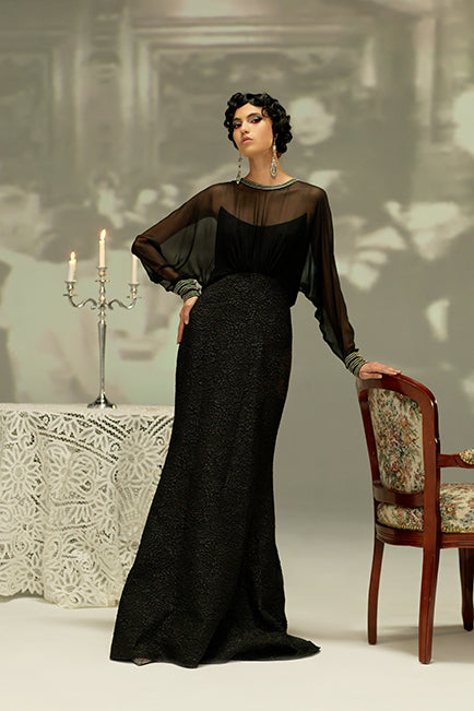 BLACK ROSE MOTIF JACQUARD GOWN WITH LONG CHIFFON RAGLAN SLEEVES AND METALLIC EMBROIDERED TRIM DETAIL 