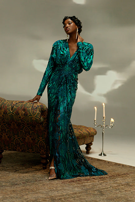 PEACOCK ART NOUVEAU MOTIFF PAILLETTE EMBROIDERED TULLE GOWN WITH LONG RAGLAN SLEEVES
