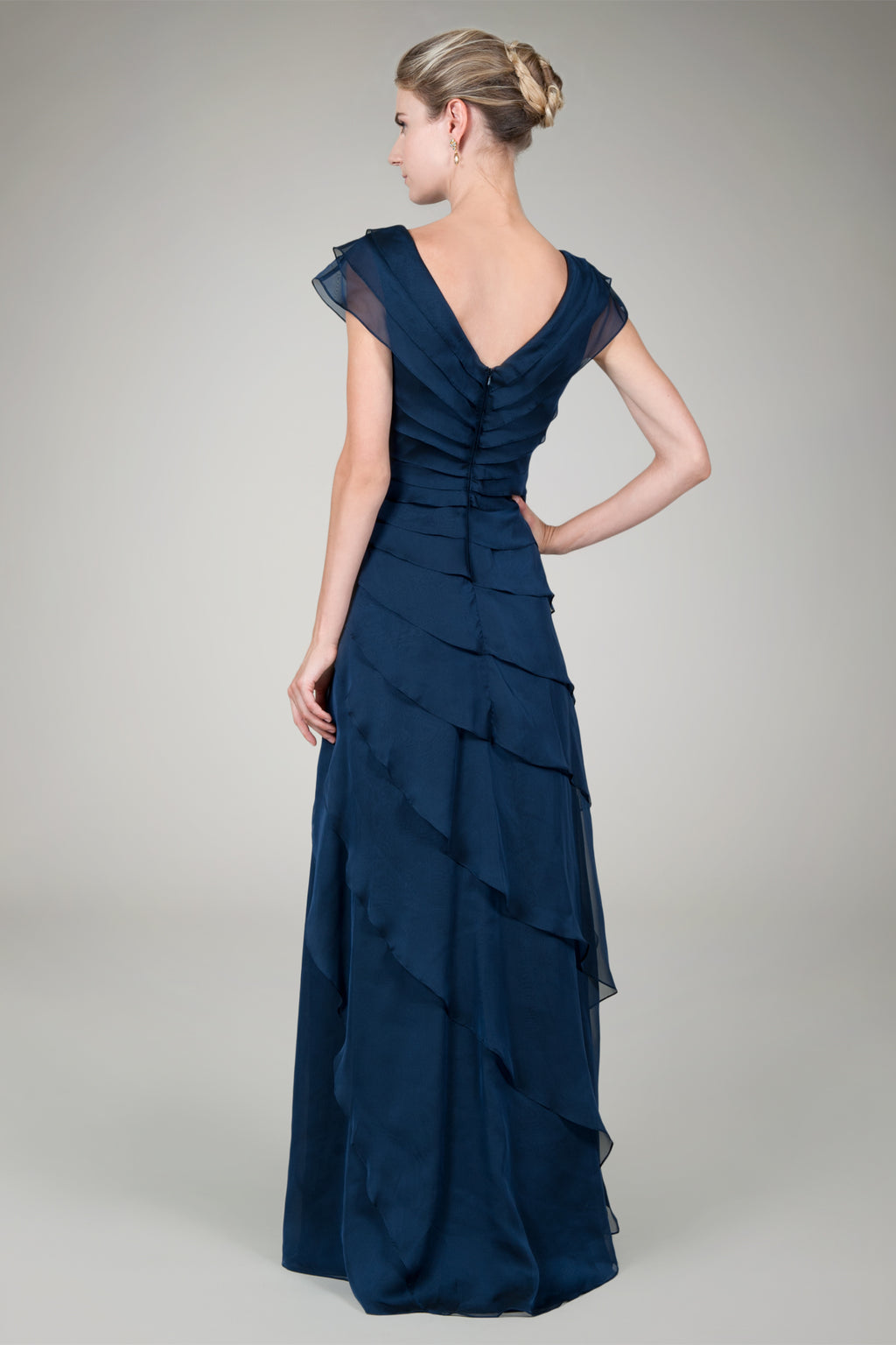 Tiered Chiffon Gown in Navy