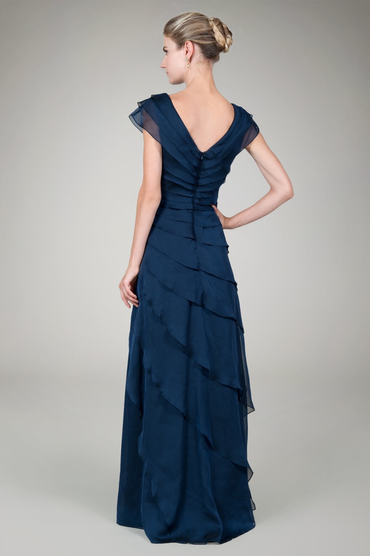 Tiered Chiffon Gown in Navy