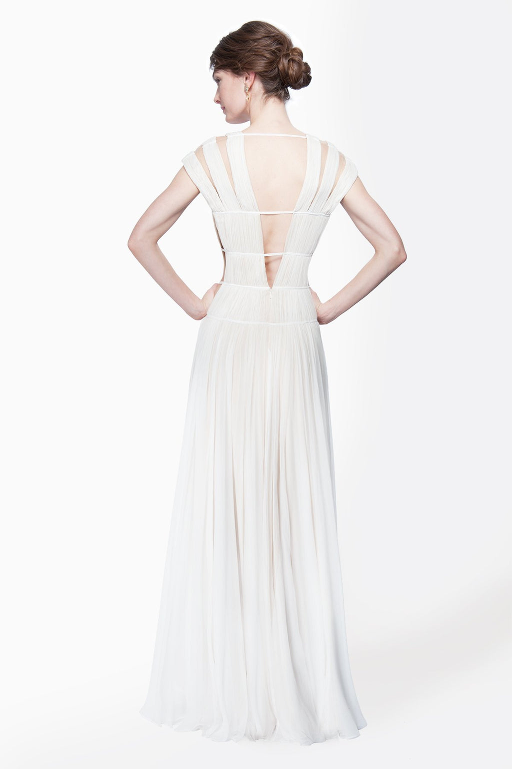 Chiffon Cutout Plunging Neckline Gown in Ivory