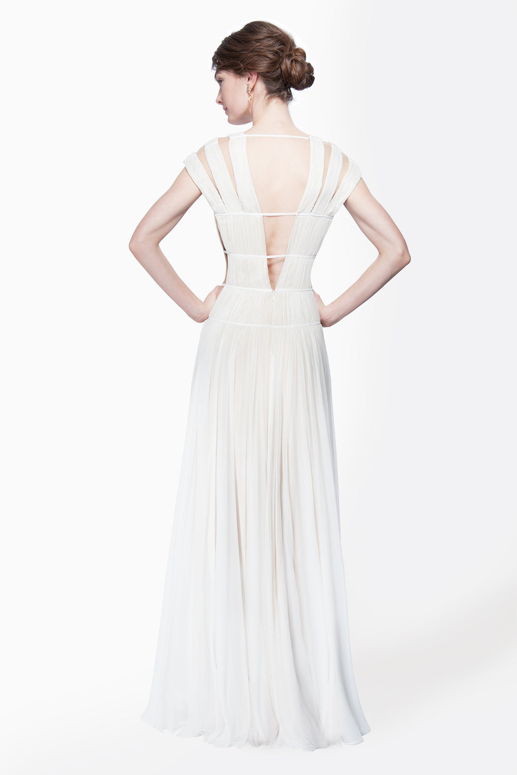 Chiffon Cutout Plunging Neckline Gown in Ivory