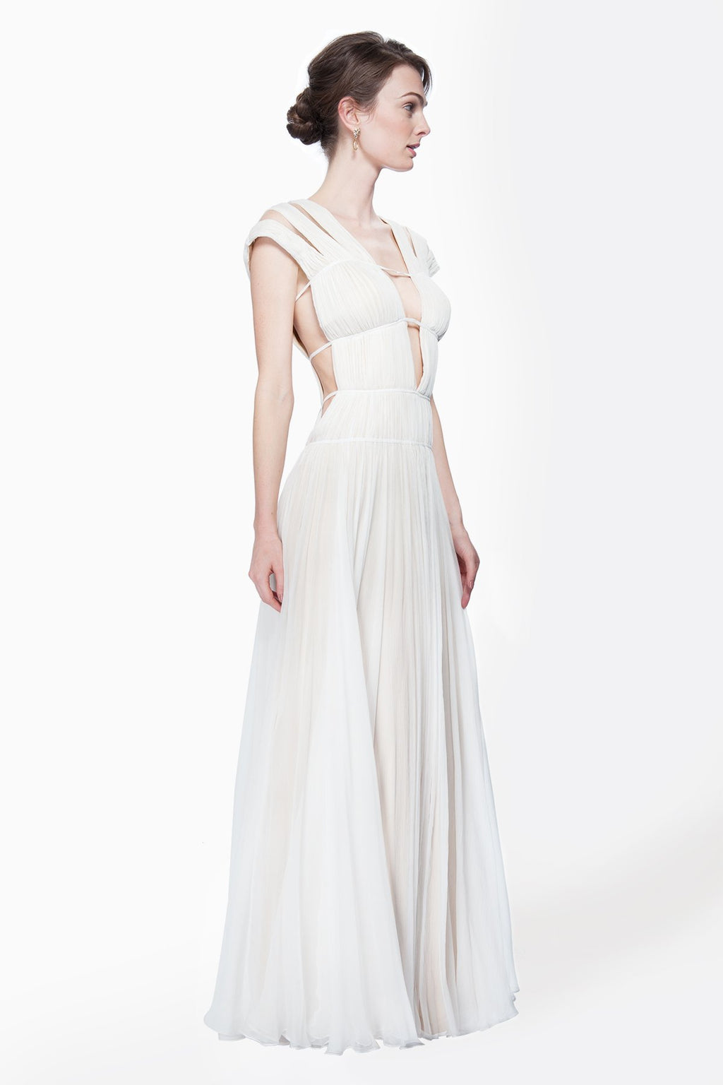 Chiffon Cutout Plunging Neckline Gown in Ivory