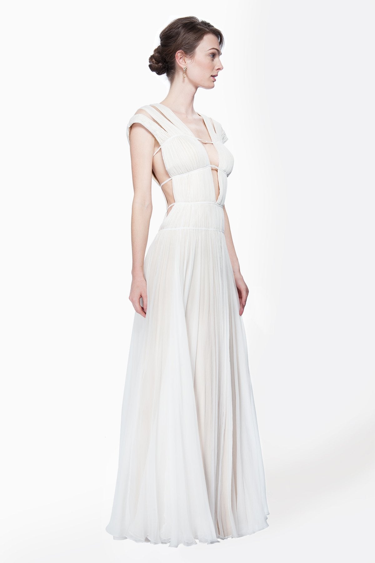 Chiffon Cutout Plunging Neckline Gown in Ivory