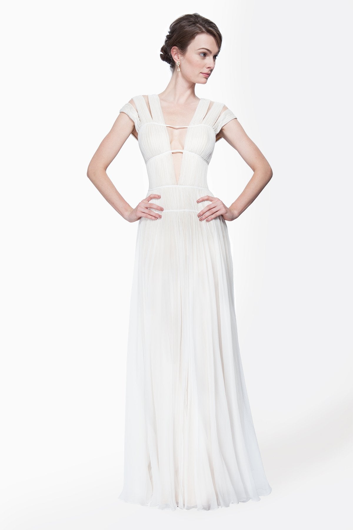 Chiffon Cutout Plunging Neckline Gown in Ivory