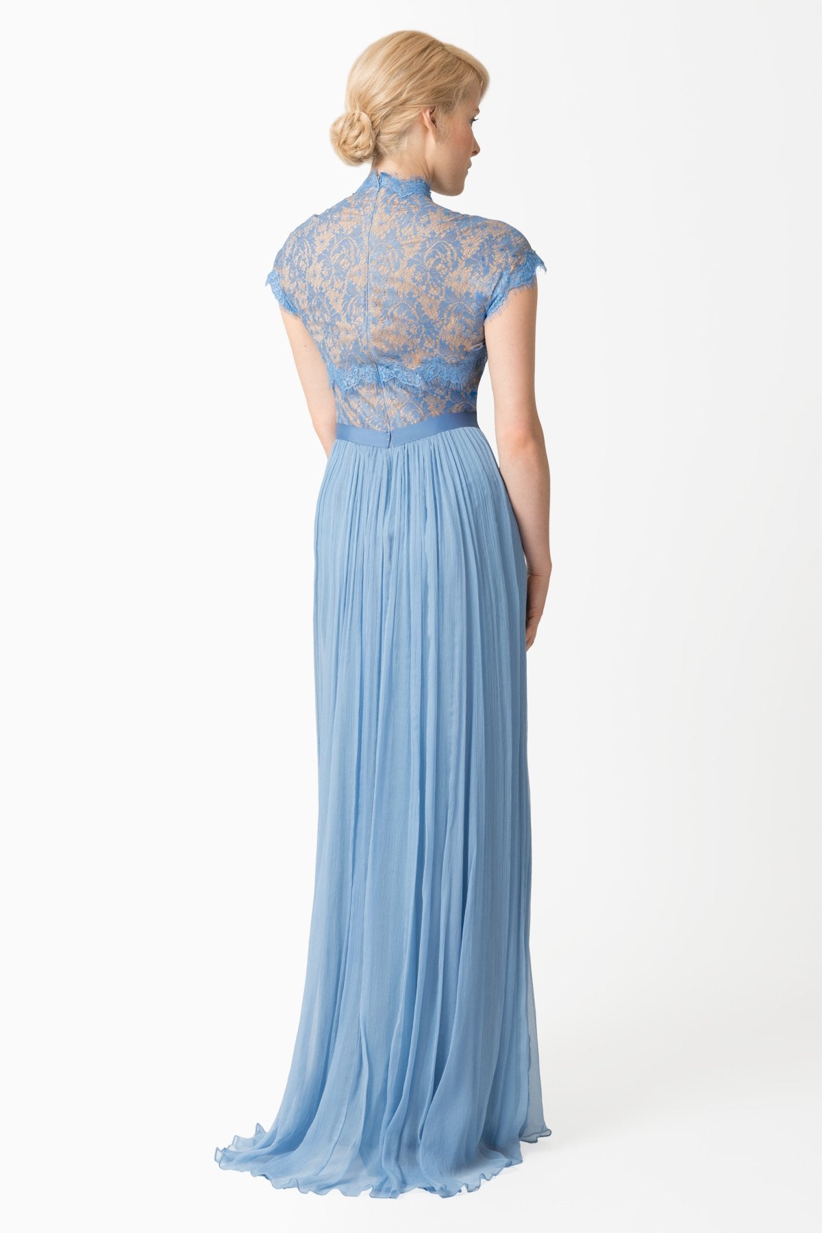 Crinkle Chiffon and Lace Gown with Jeweled Belt in Blue Stone