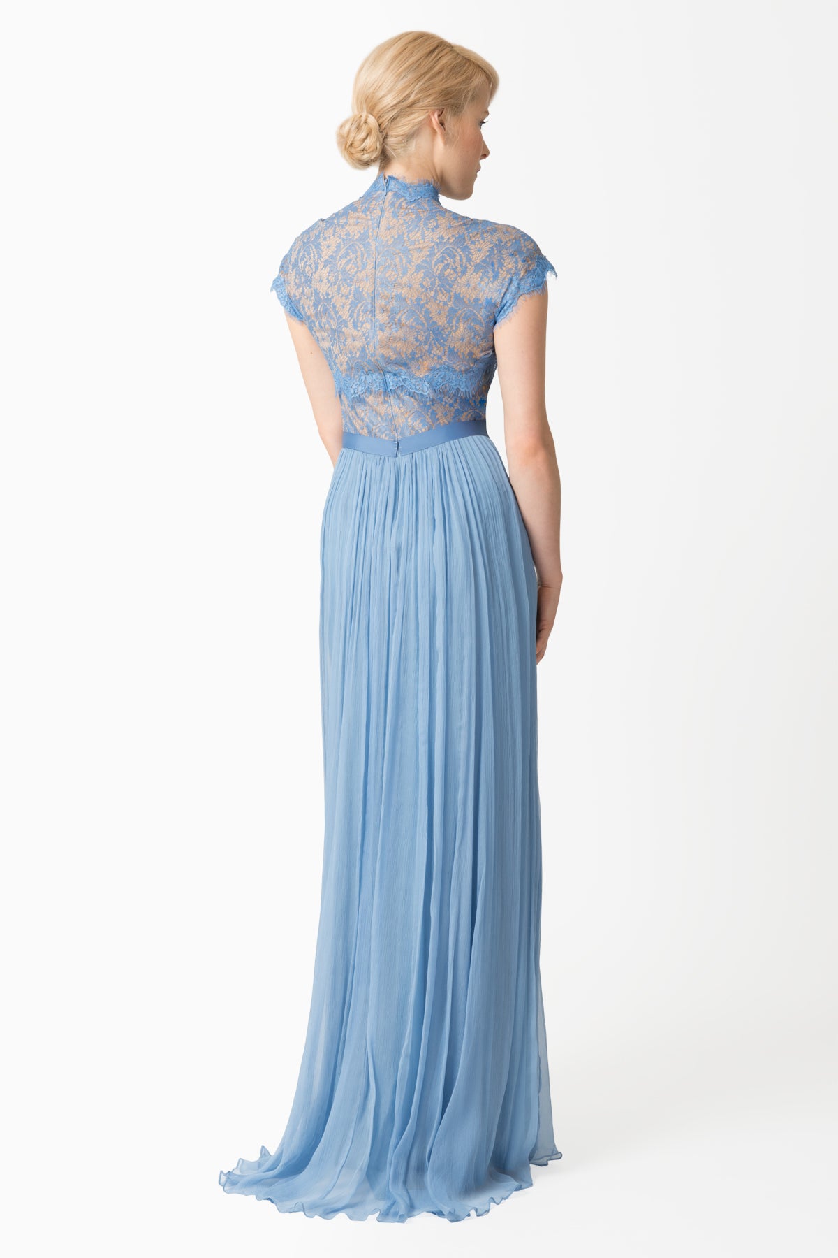 Crinkle Chiffon and Lace Gown with Jeweled Belt in Blue Stone