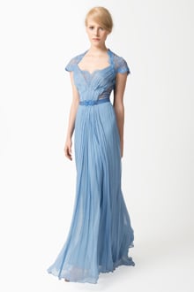 Crinkle Chiffon and Lace Gown with Jeweled Belt in Blue Stone