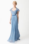 Crinkle Chiffon and Lace Gown with Jeweled Belt in Blue Stone