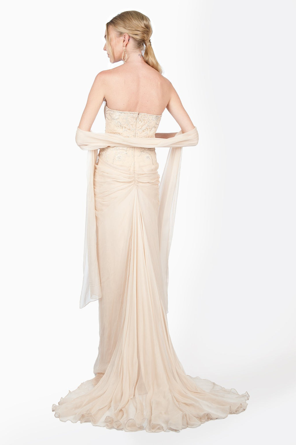 Embellished Lace and Chiffon Strapless Gown in Desert Bloom
