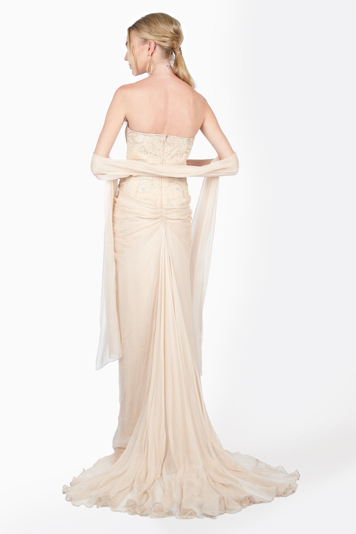 Embellished Lace and Chiffon Strapless Gown in Desert Bloom