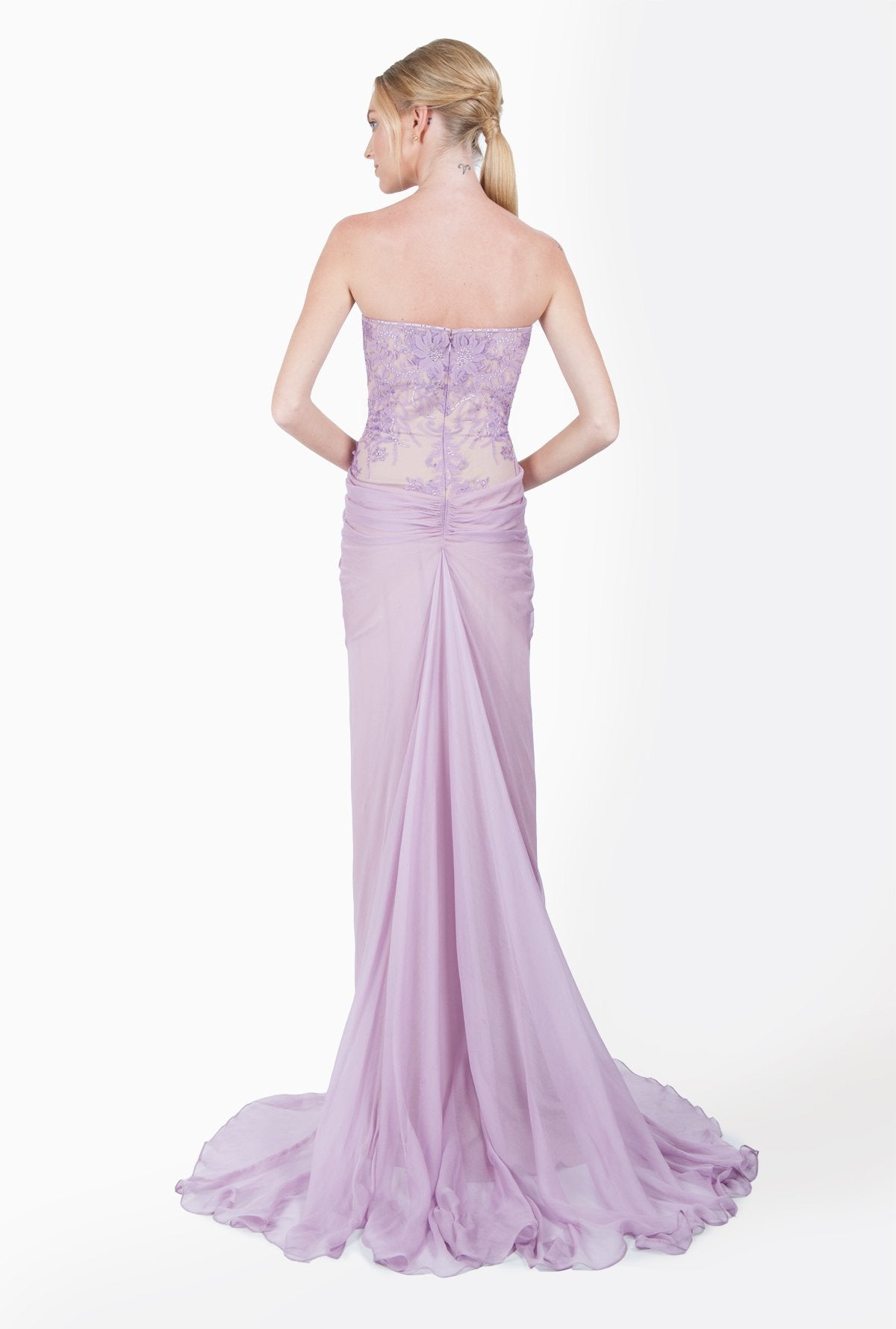 Embellished Lace and Chiffon Strapless Gown in Pale Iris