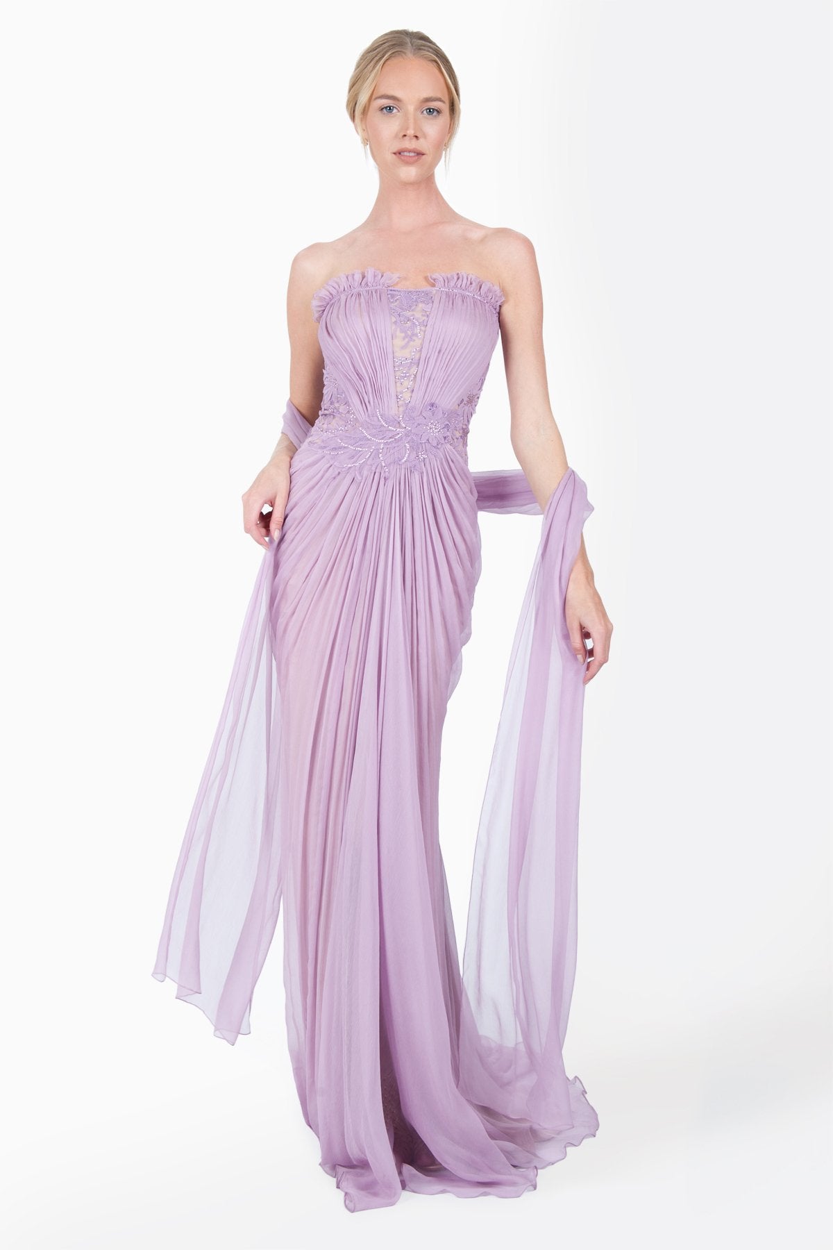 Embellished Lace and Chiffon Strapless Gown in Pale Iris