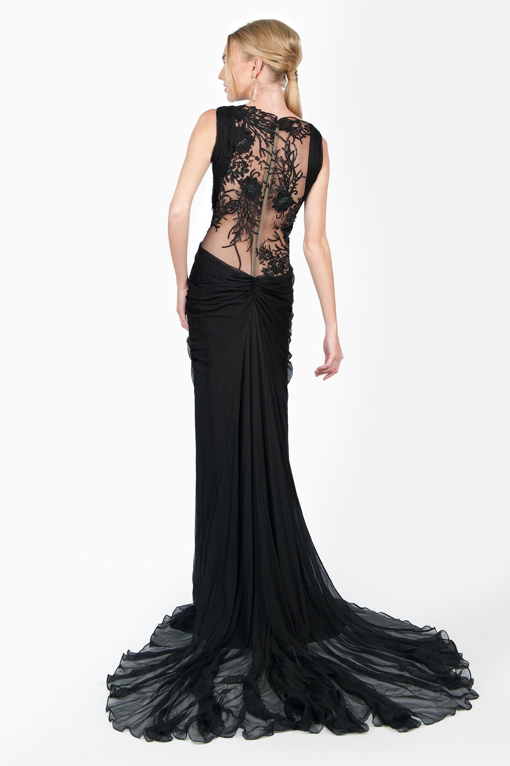 Crinkle Chiffon and Floral Embellished Applique Draped Gown in Black
