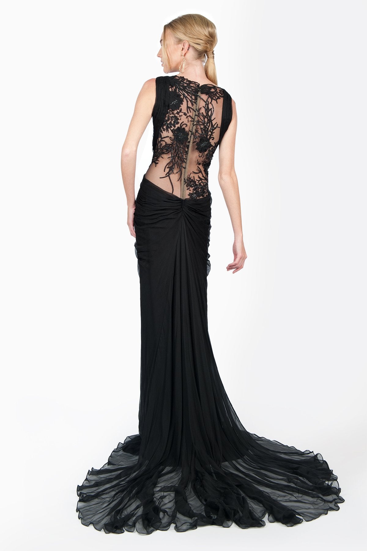 Crinkle Chiffon and Floral Embellished Applique Draped Gown in Black