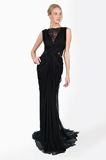 Crinkle Chiffon and Floral Embellished Applique Draped Gown in Black   Tadashi Shoji Official Online Boutique