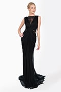 Crinkle Chiffon and Floral Embellished Applique Draped Gown in Black