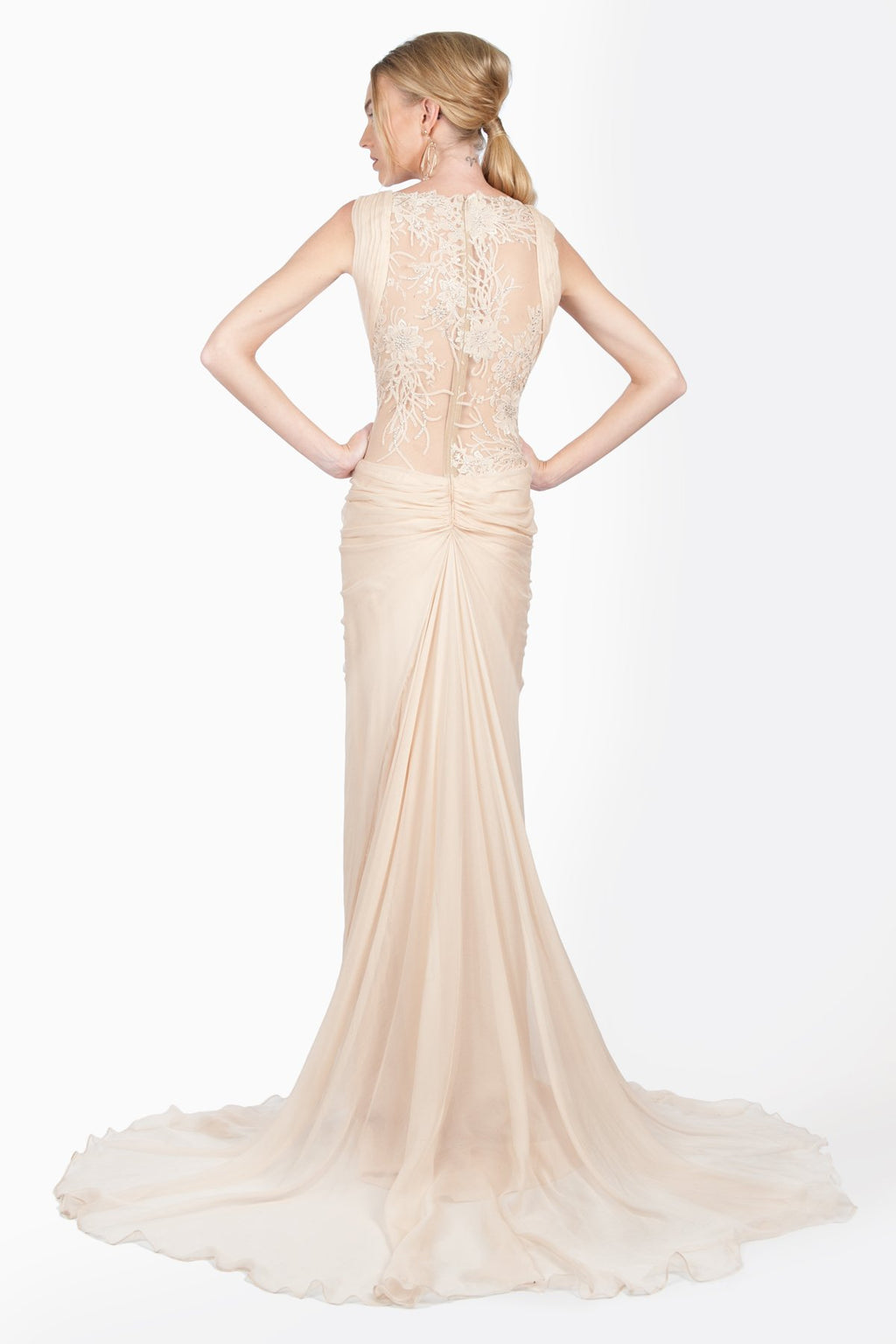 Crinkle Chiffon and Floral Embellished Applique Draped Gown in Desert Bloom