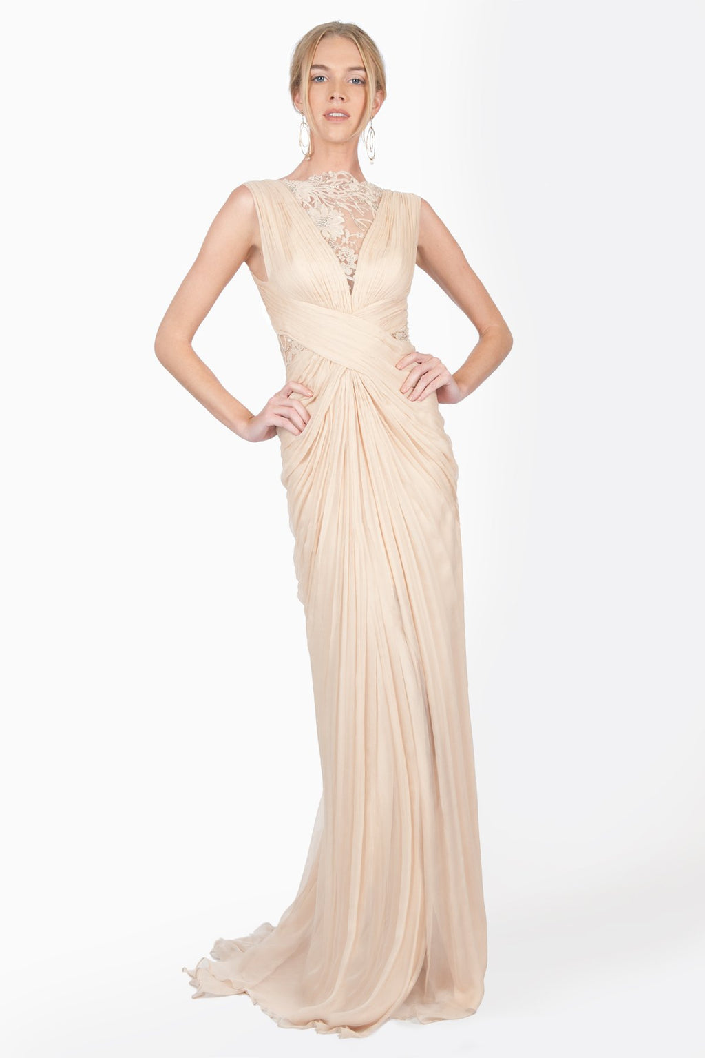 Crinkle Chiffon and Floral Embellished Applique Draped Gown in Desert Bloom