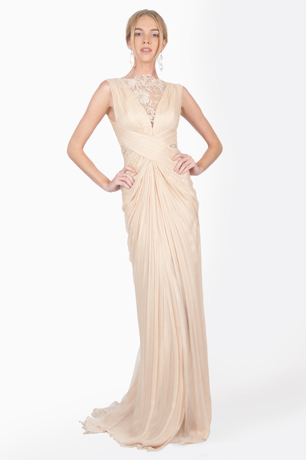 Crinkle Chiffon and Floral Embellished Applique Draped Gown in Desert Bloom