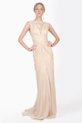 Crinkle Chiffon and Floral Embellished Applique Draped Gown in Desert Bloom
