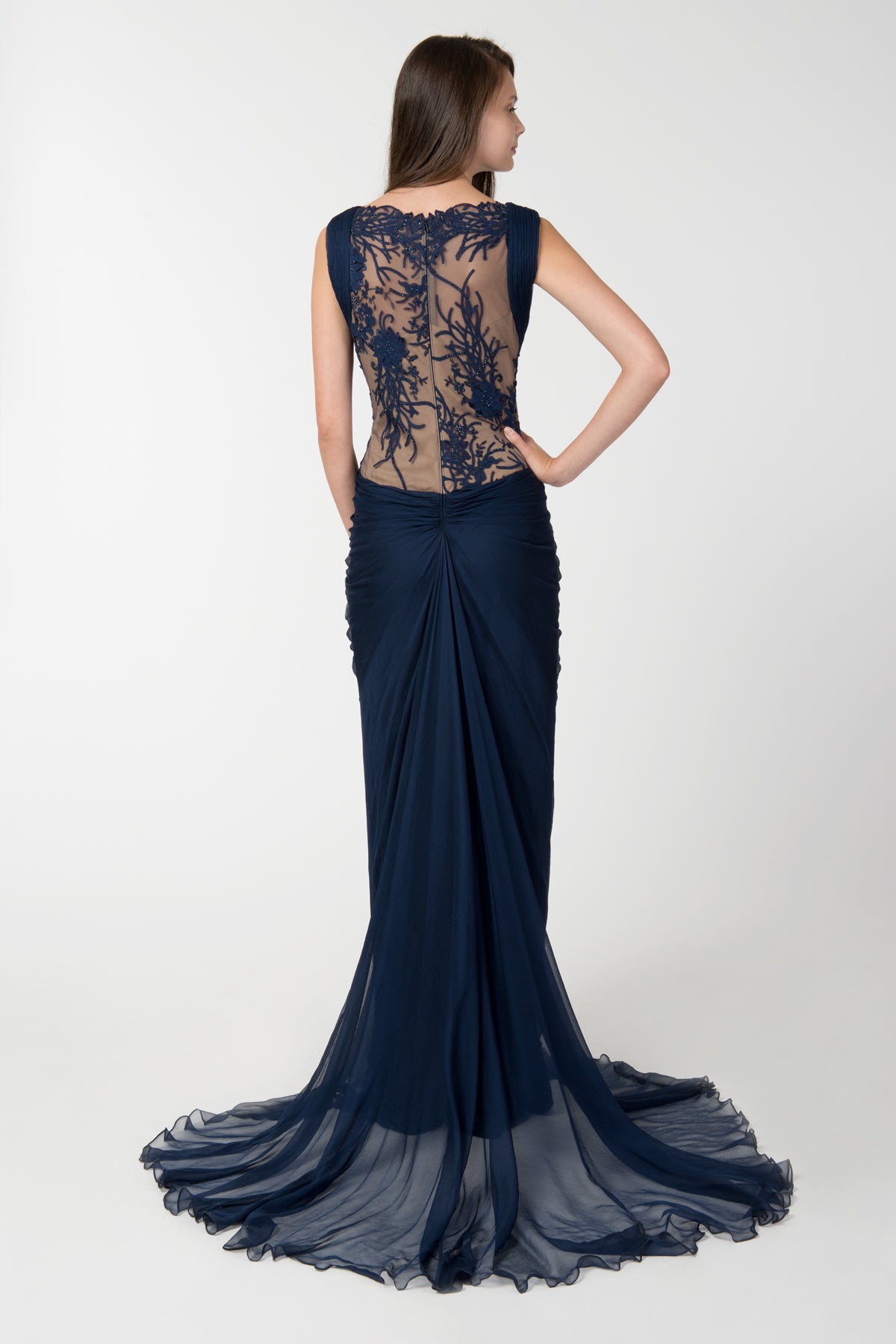 Crinkle Chiffon and Floral Embellished Applique Draped Gown in Navy