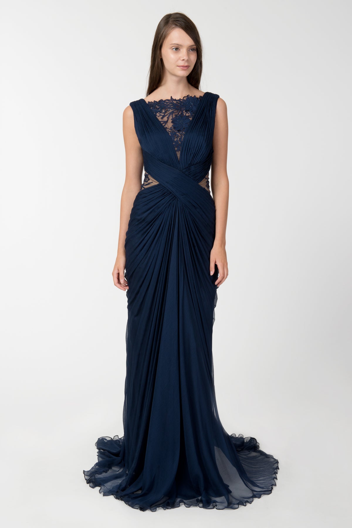 Crinkle Chiffon and Floral Embellished Applique Draped Gown in Navy