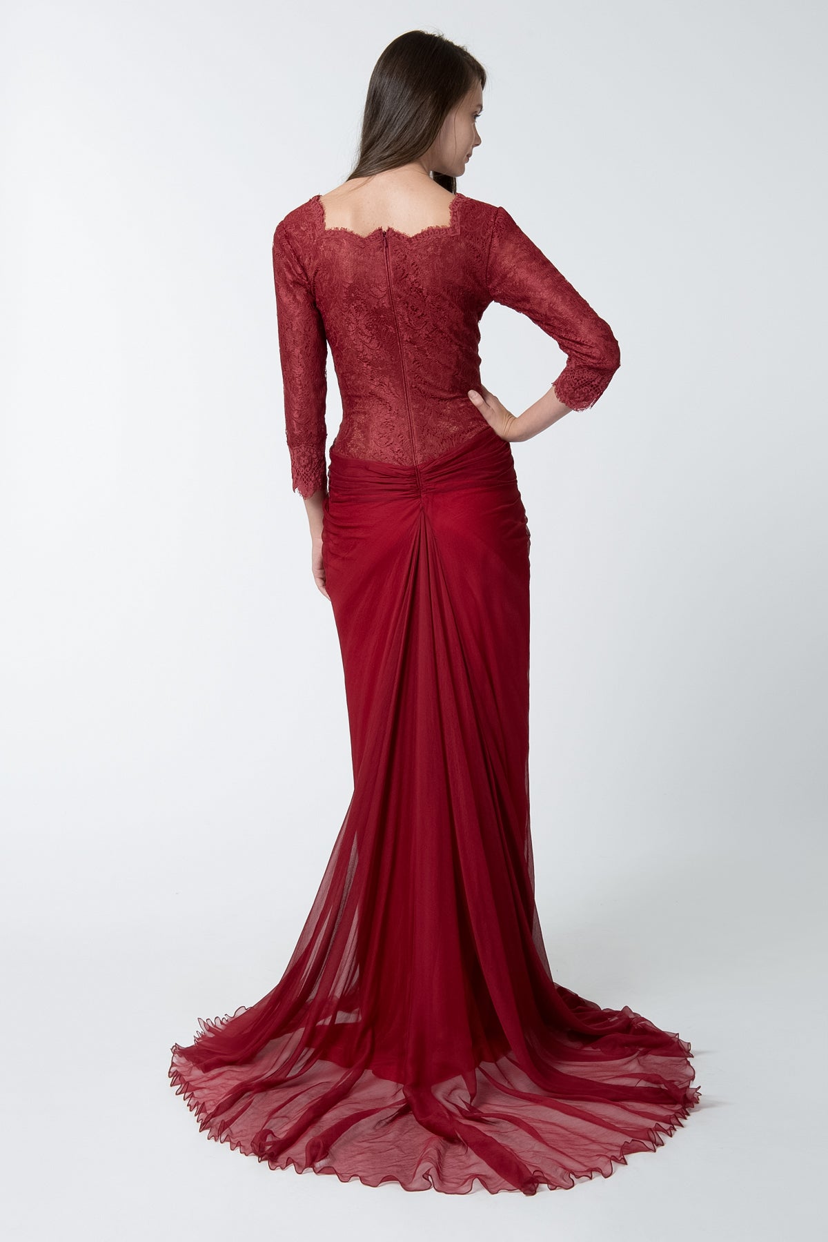 Lace Sleeve Draped Chiffon Gown